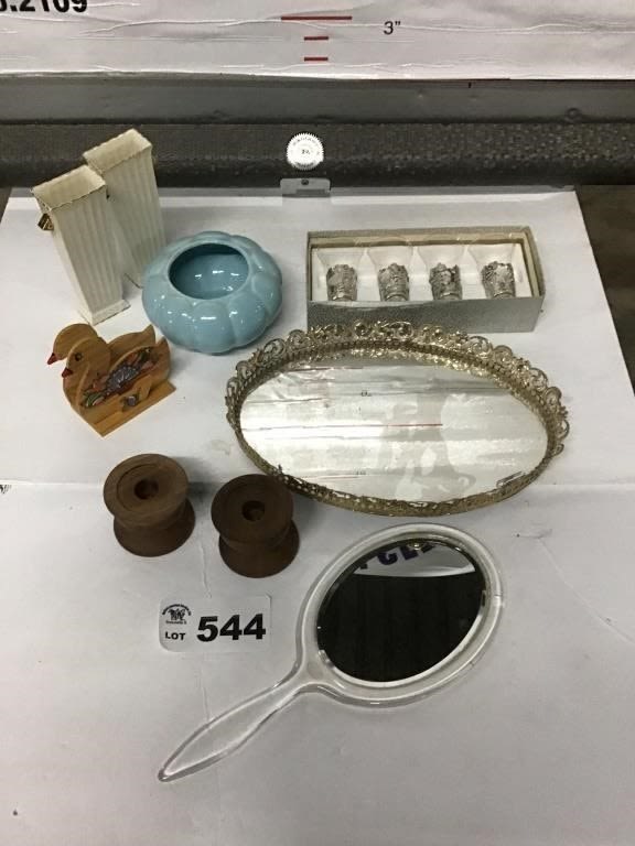Lot 544: DRESSER MIRROR, HAND MIRROR, VASES, GLASSES