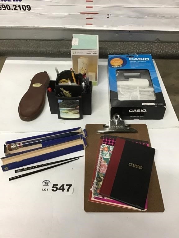 Lot 547: SUPER PENCIL, DESK SUPPLIES, ADDING MACHINE, SALT