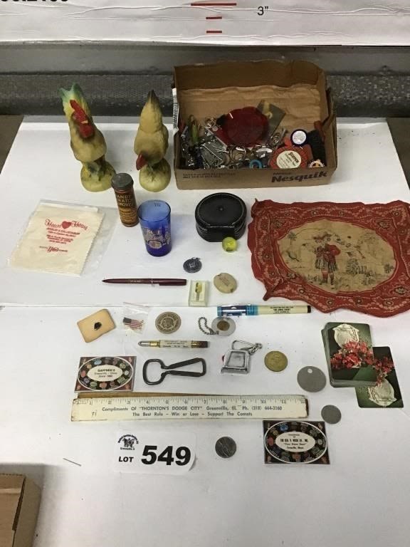 Lot 549: ROOSTERS, COKE RULER, CHURCH KEY, KEY CHAINS,