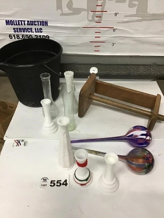 Lot 554: WATER GLOBES, VASES, TOWEL RACK, BUCKET