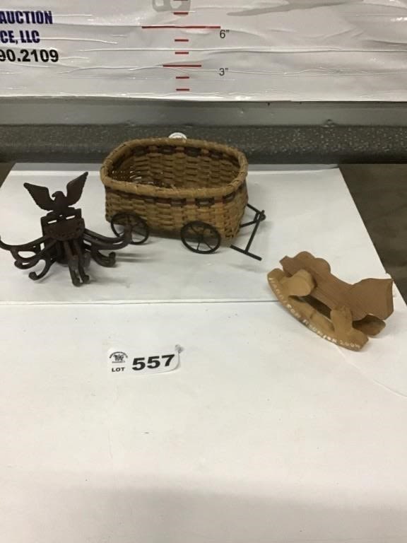 Lot 557: CAST IRON RACK, BASKET WAGON, HORSE