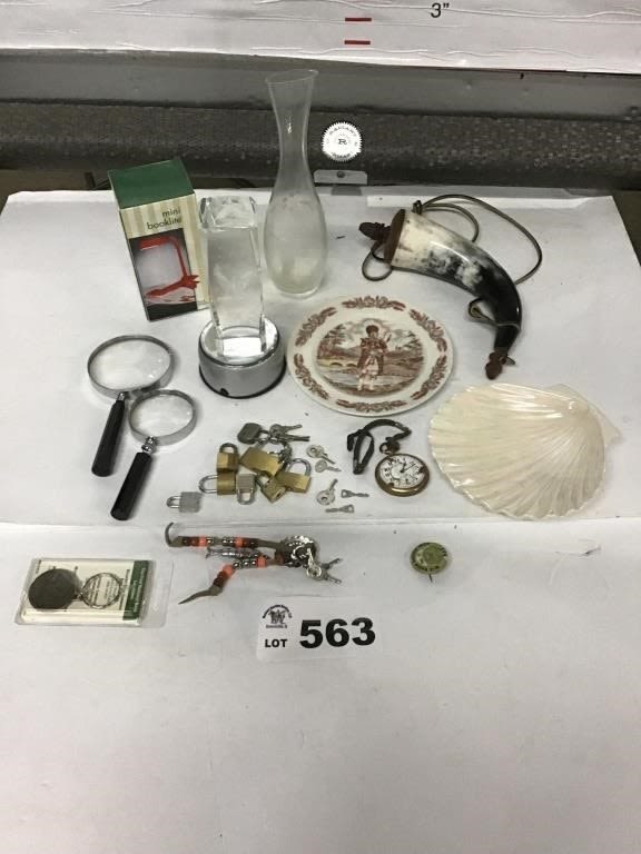 Lot 563: VASE, POWDER HORN, PLATES, PADLOCK, POCKET WATCH,