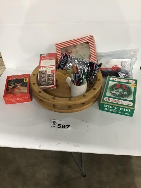 Lot 597: LAZY SUSAN TRAY,  CHRISTMAS CARDS, PENS AND
