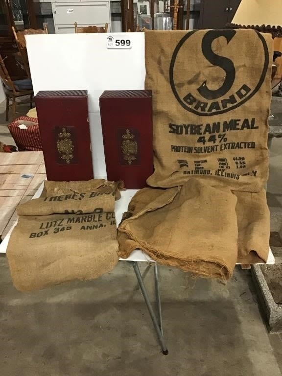 Lot 599: 4 BURLAP BAGS,  2 EMPTY BOXES