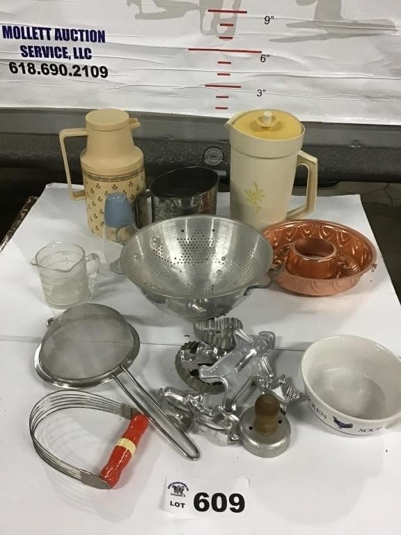 Lot 609: SIFTER, PITCHERS, COOKIE CUTTERS,STRAINERS
