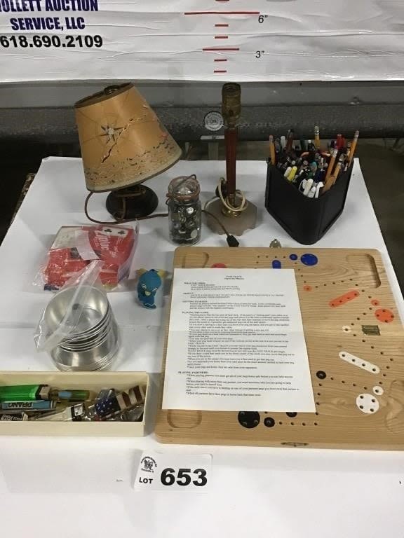 Lot 653: LAMPS, PENS, PENCILS, BUTTONS, GAME, BAKING