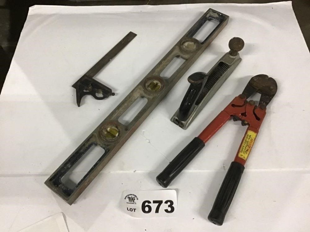 Lot 673: LEVEL, SQUARE, RASP, BOLT CUTTERS