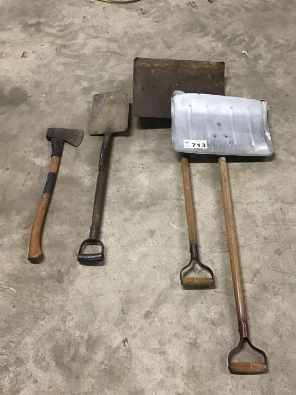 Lot 713: SNOW SHOVEL, AXE, SCRAPER SHOVEL