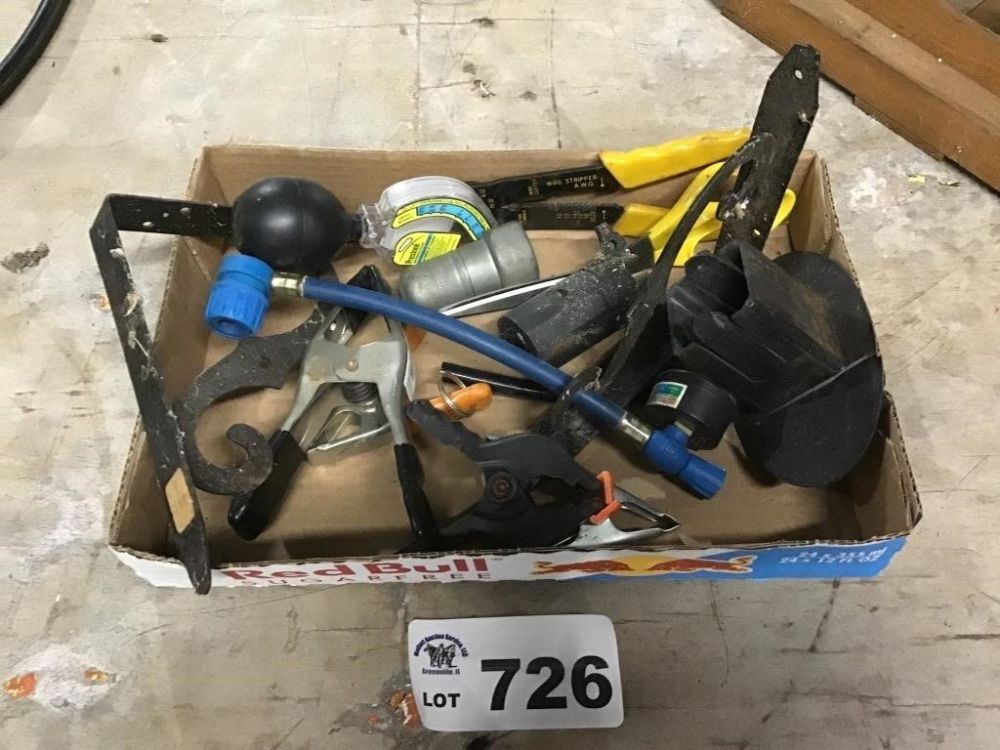 Lot 726: CLAMPS, WIRE STRIPPERS, ANTIFREEZE TESTER,MISC