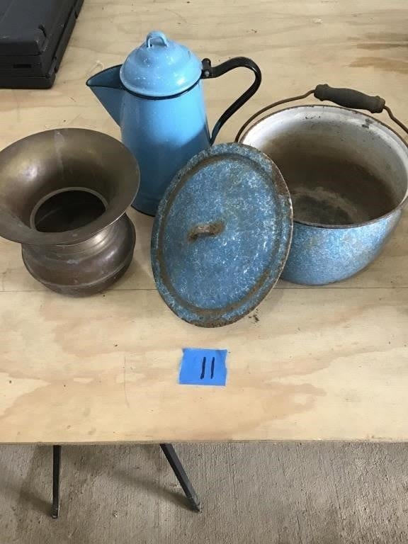 Lot 11: ENAMEL COFFEE POT, SPITTOON, ENAMEL POT