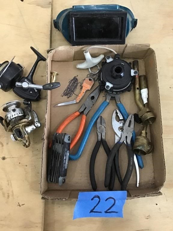 Lot 22: FISHING REELS,  PLIERS,  WELDING GOGGLES
