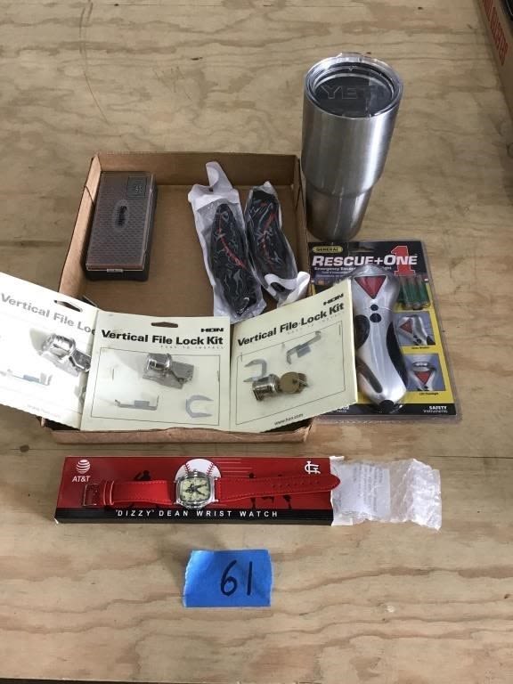 Lot 61: YETI CUP, UTILITY KNIFE, SHARPENING STONE, WATCH