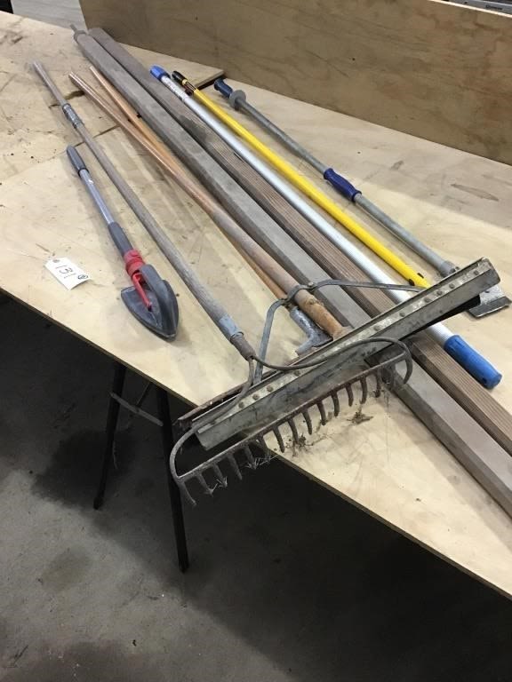 Lot 131: TENT POLES, HANDLES,  RAKE, SQUEEGE