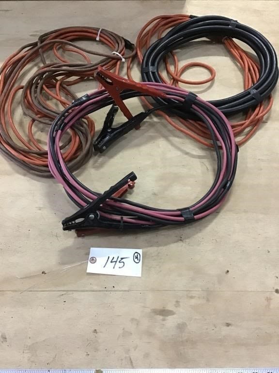 Lot 145: 3- EXTENSION CORDS, JUMPER CABLES