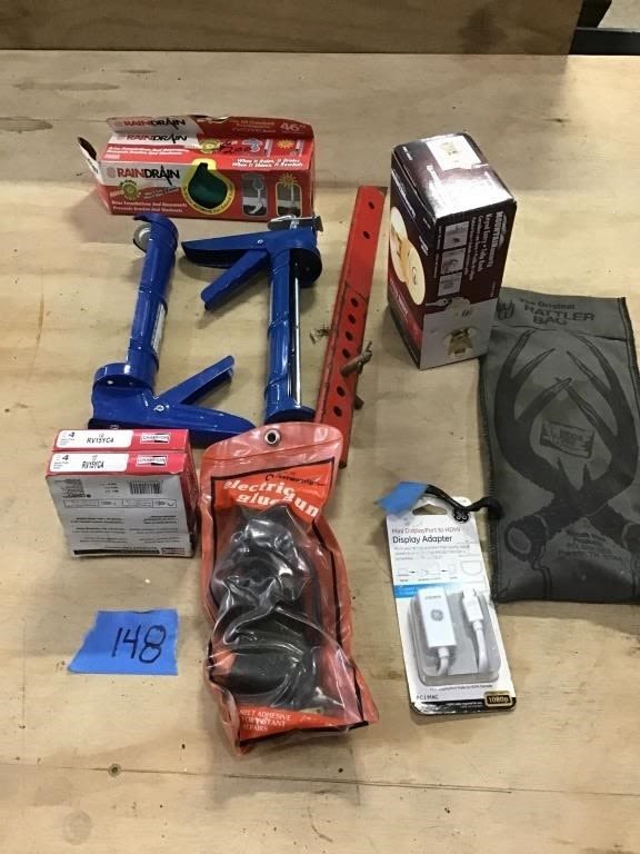 Lot 148: CAULKING GUNS,  SPARK PLUGS, LOCK, RATTLER BAG