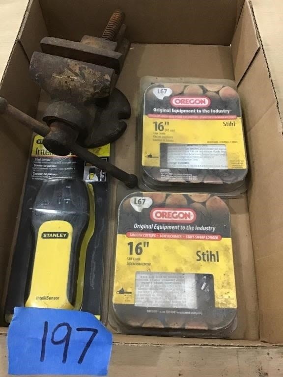 Lot 197: SMALL VISE, STUD FINDER,  CHAIR SAW CHAINS