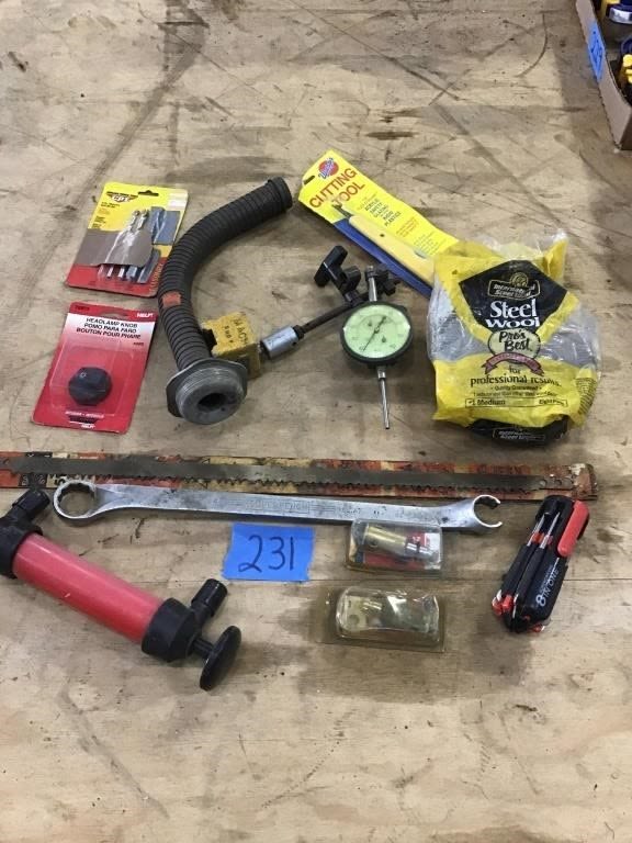 Lot 231: DIAL INDICATOR, PUMP, SCREWDRIVERS, WRENCH