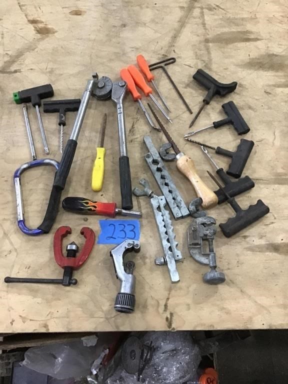 Lot 233: FLARING TOOLS,  TUBE BENDER, TIRE REPAIR TOOLS