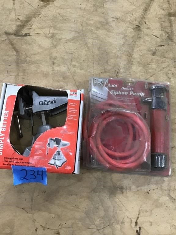 Lot 234: SWIVEL VISE,  SIPHON PUMP.  NIB