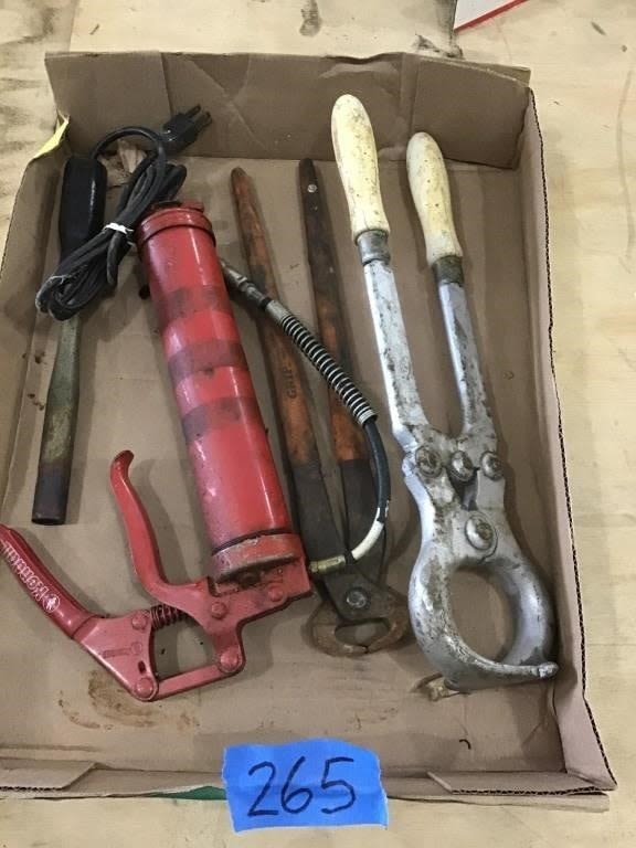 Lot 265: GREASE GUN, BULL CLAMP,S, CAUTERIZER