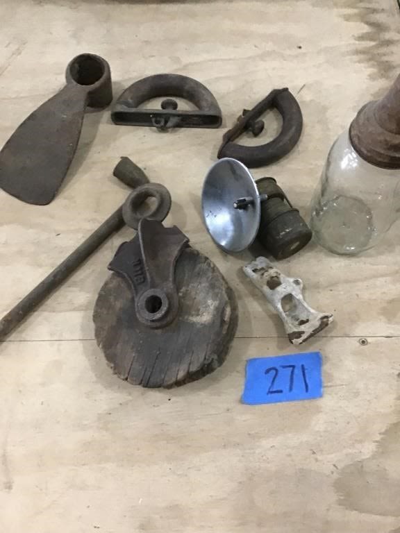 Lot 271: OLD PULLEY,  CARBIDE LIGHT, GRUBBING HEAD, OTHER