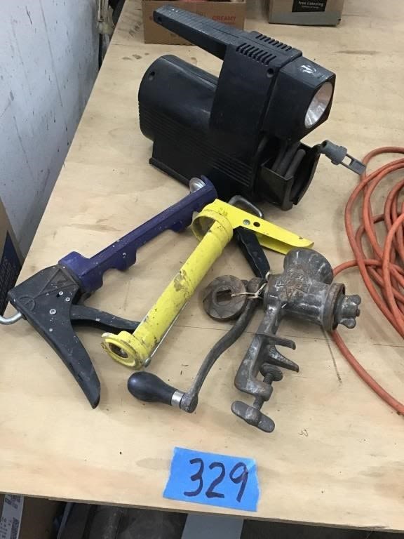 Lot 329: CAULKING GUN, KEEN CUTTER GRINDER, COMPRESSOR