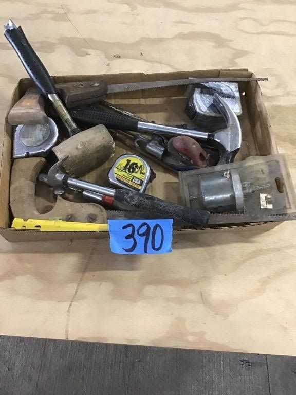 Lot 390: HAMMERS, SAWS, TAPE MEASURES
