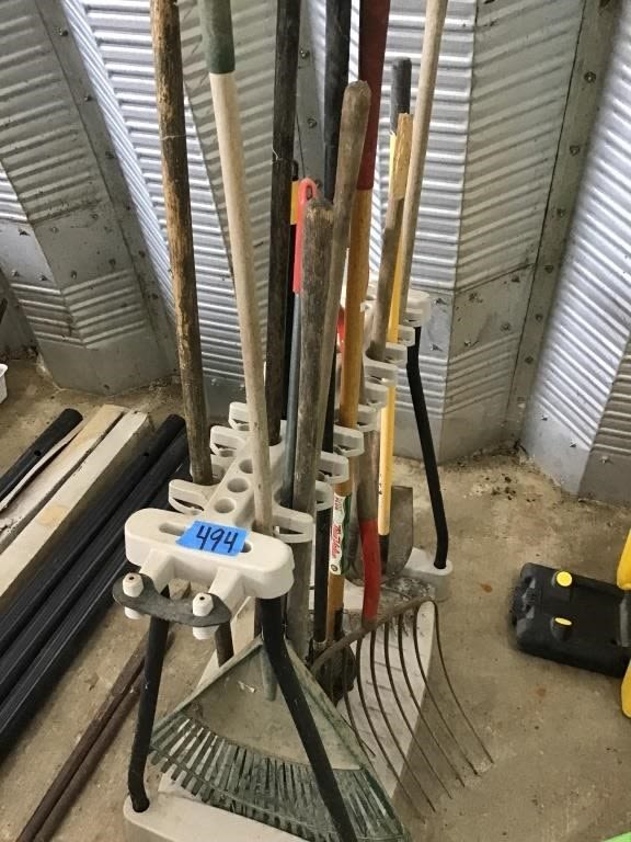 Lot 494: LONG HANDLE TOOLS AND RACK
