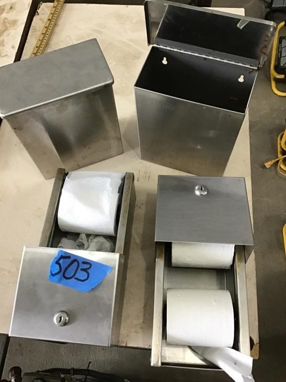 Lot 503: 2. TOILET PAPER DISPENSERS AND. 2 SMALL TRASH