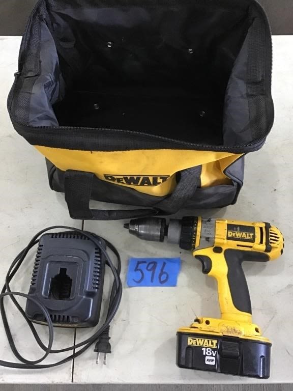 Lot 596: DEWALT 18. VOLT DRILL, CHARGER, BATTERY