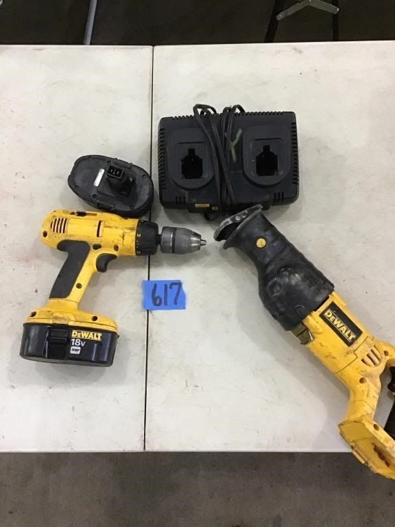 Lot 617: DEWALT 18 VOLT DRILL, SAWZALL, DUAL CHARGER