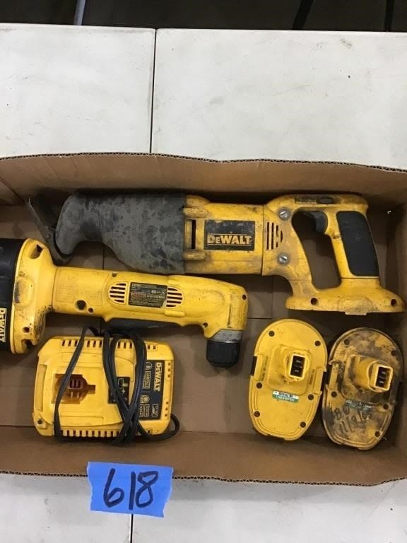 Lot 618: DEWALT SAWZALL, RIGHT ANGLE DRILL, CHARGER