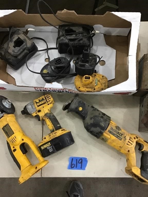 Lot 619: DEWALT SAWZALL, GRINDER,  IMPACT, CHARGERS
