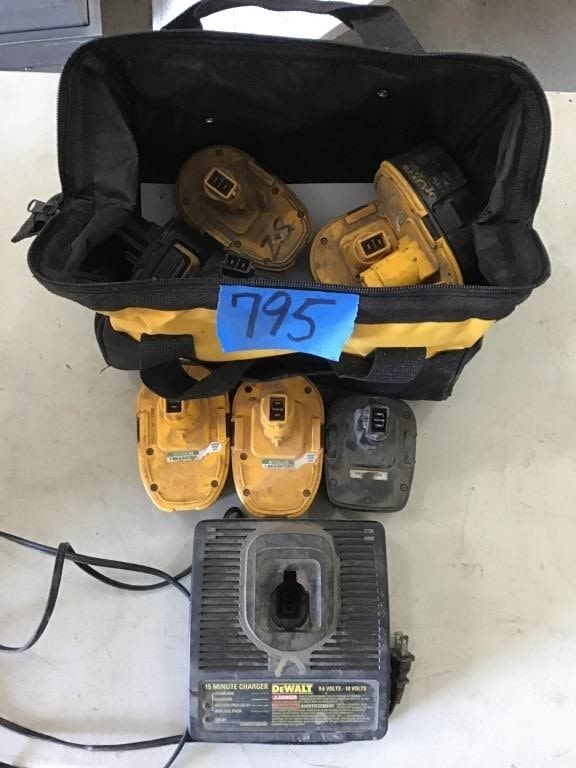 Lot 795: DEWALT 18 VOLT  QUICK CHARGER, 9  BATTERIES