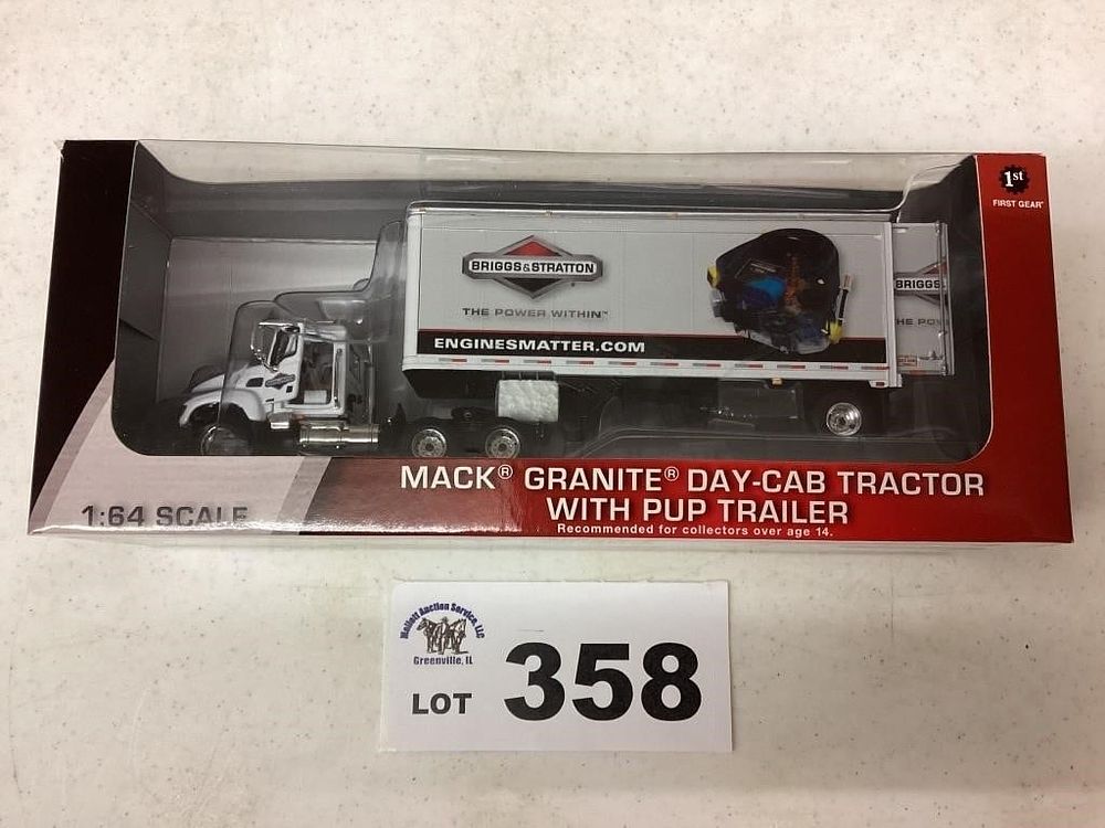 Lot 358: 1:64 SCALE MACK GRANITE DAY CAB WITH PUP TRAILER