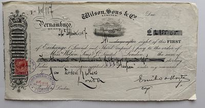 Brazil Pernambuco Wilson, Sons & Co Bill of Exchange 1917 - red revenue stamp. # 40/107 Wilson 