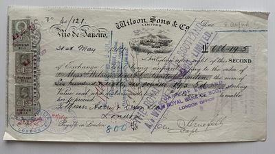 Brazil Rio de Janiero 'Wilson, Sons & Co' Bill of Exchange 1917 Three revenues . # 40/121 Wilson 