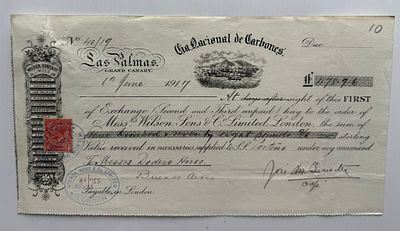 Spain Las Palmas Compania Nacional de Carbones 1917 Bill of Exchange Wilson, Sons. 40/19 Canary 