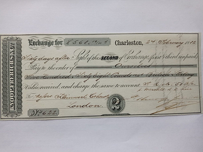 Charleston, S.C. "Knoop, Frerichs & Co" Bill of Exchange 1882 Cotton trade