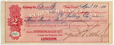United States Eugene S. Ballin & Co &pound;3 New York 1880. # 9360; Bill of Exchange; hand-signed by 