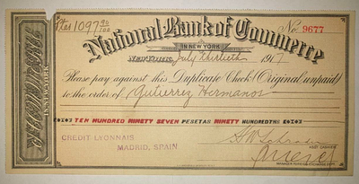 National Bank of Commerce New York 1917 Duplicate Check Wall Street