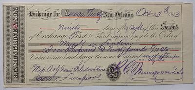 R.G. Musgrove & Sons' New Orleans Louisiana Bill of Exchange 1883 Cotton Trade