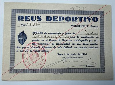 Reus Deportivo Football Club Cedula de 25 pesetas 1940 Sport Soccer Bond Spain