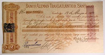 Chile Banco Aleman Transatlantico Santiago Bill of Exchange for 493,45 pesetas 1910. # 723 Bill 