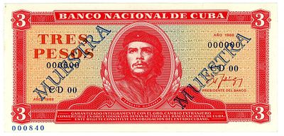 Cuba 3 Pesos 1988 Specimen with black overprint Muestra twice at each side. P# 107S2 N# 205116 # 