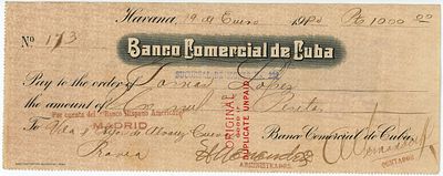 Cuba Banco Comercial de Cuba Havana Cheque for 1000$ 1922. # 173 Sucursal de Monte VF