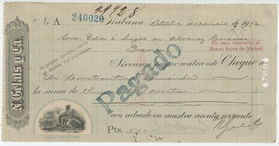Cuba Bank N.Gelats & Co Habana Cheque for 500 pesetas 1922. # 240020 nice vignette of the 