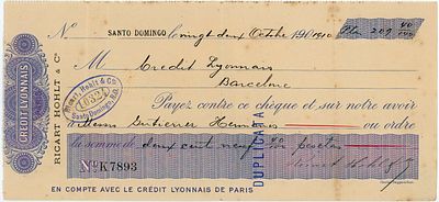 Dominicana Credit Lyonnais Santo Domingo Cheque Check 1910. # K7893 Drawn in Santo Domingo and 