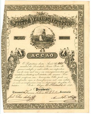 Brazil Soirre Porto Alegrense Accao de 100$000 Porto Alegre 1850. # 243 Folds and trimmed left 