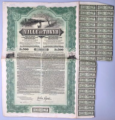 Japan Ville de Tokyo 5 % Bond Loan of 1912 for 500 Francs. # 186511 bilingual: French, English 